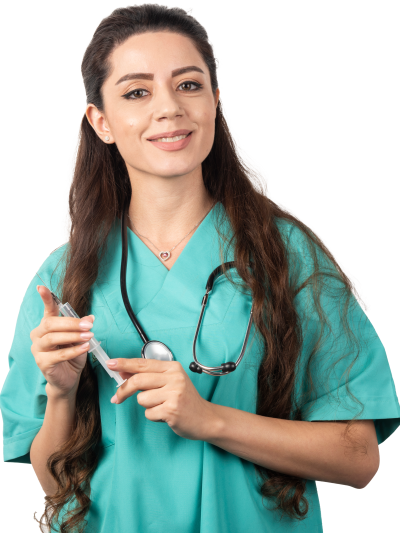 smiling-female-nurse-with-stethoscope-holding-injection